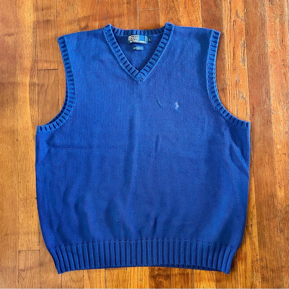 Vintage Polo Ralph Lauren Preppy Academia Knit Cotton Blue V-neck Sweater Vest L